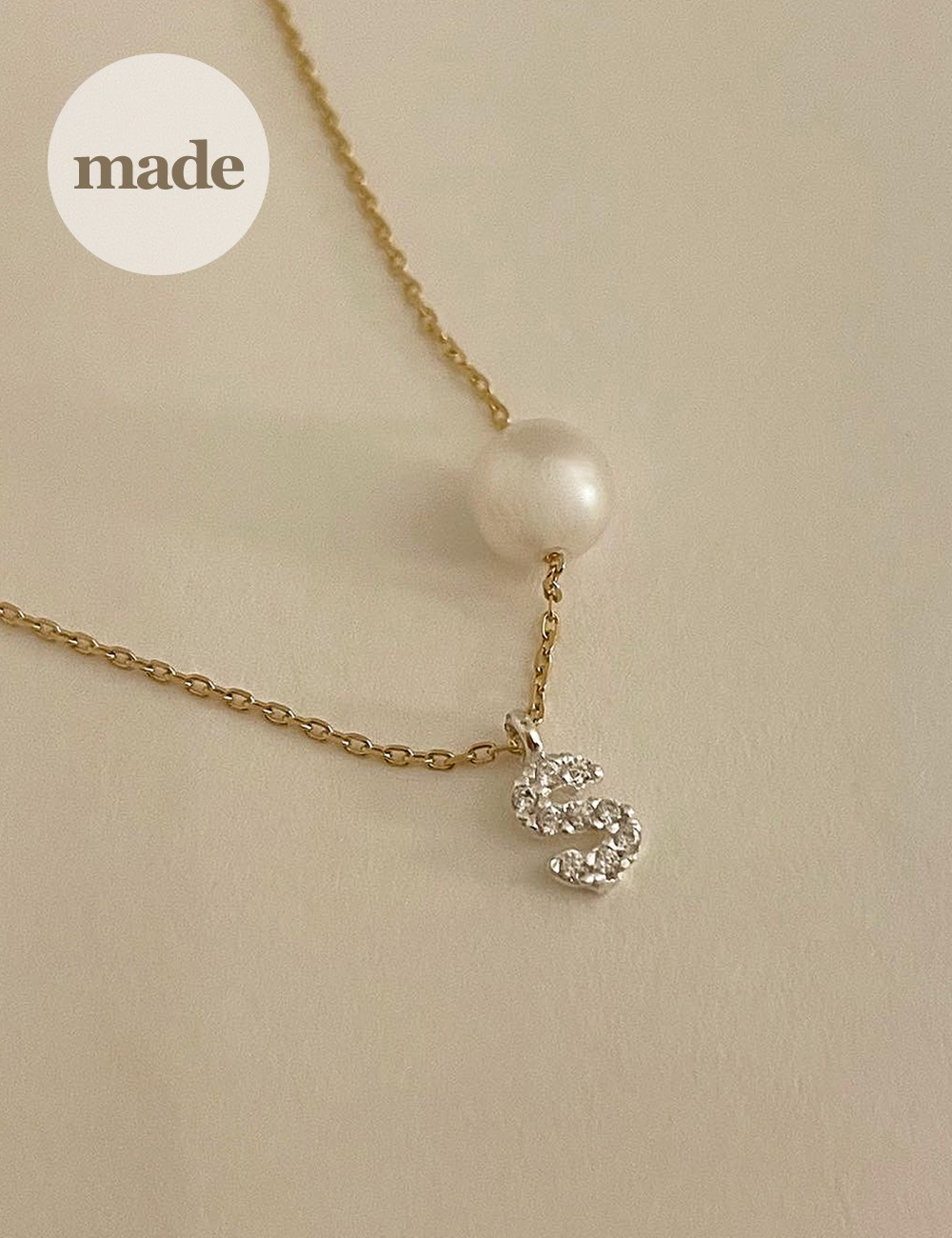 (silver 92.5) Pearl cubic initial necklace / gleamme made