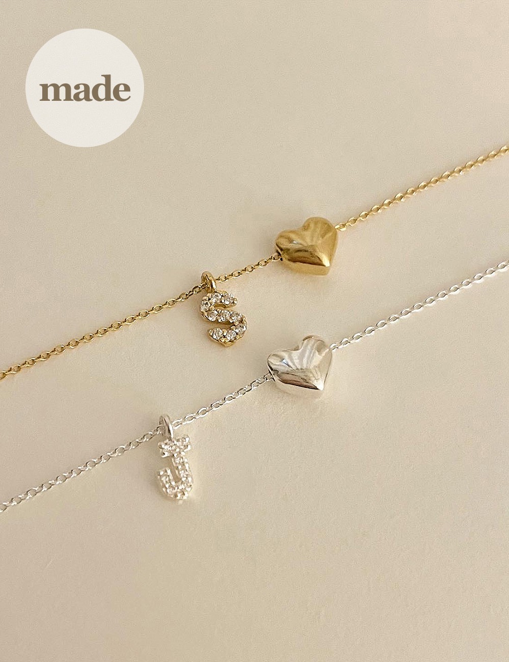 (silver 92.5) Heart cubic initial necklace / gleamme made