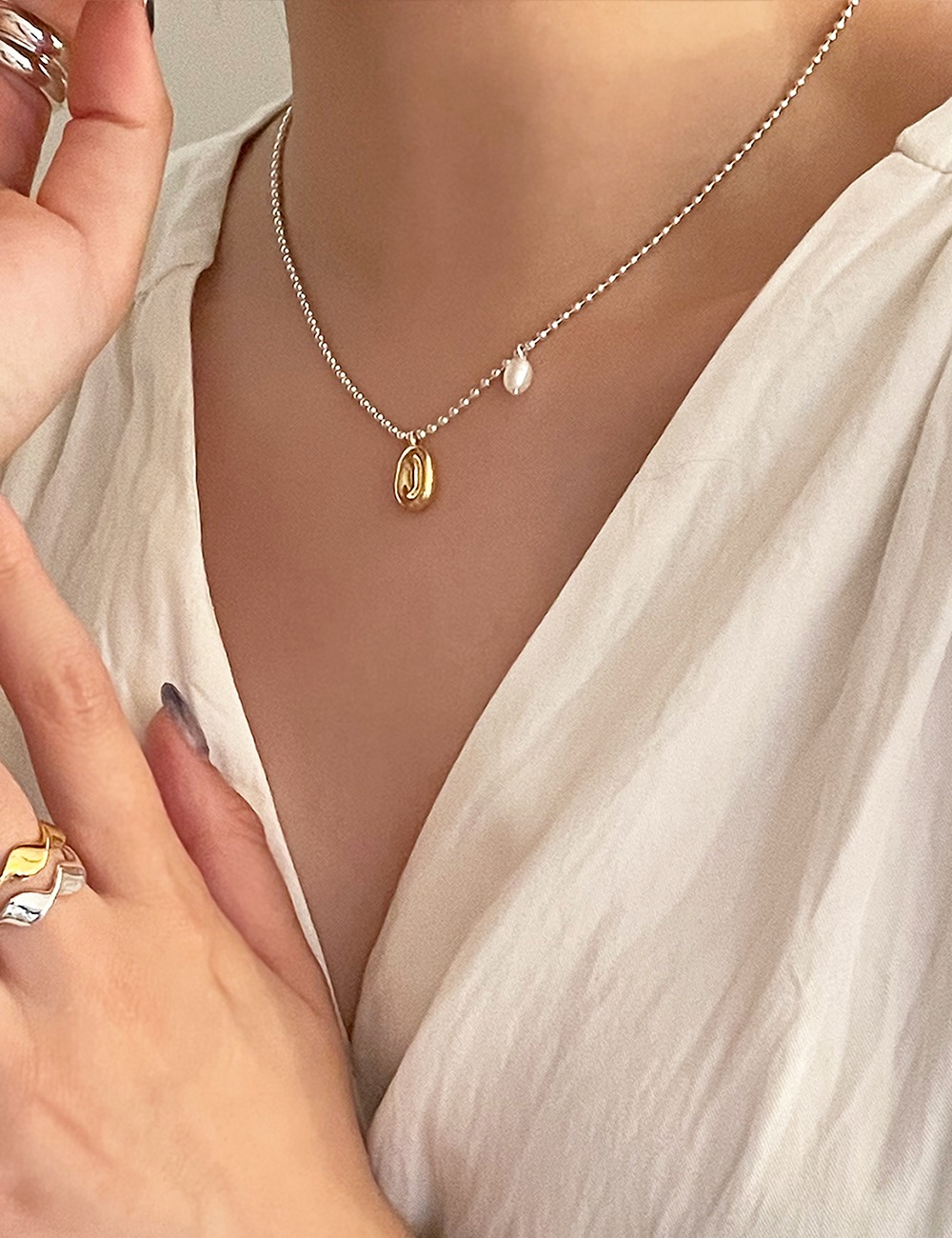 (silver 92.5) Boll combi pearl necklace